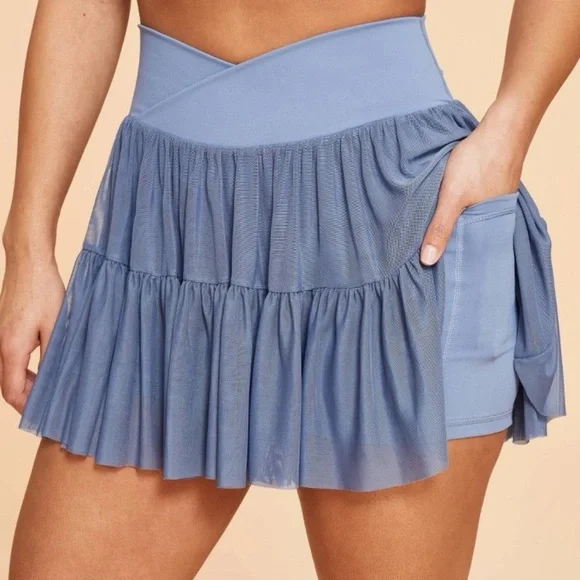 Blogilates Ballerina Skort Steel Blue Crossover Waist Mesh Pirouette Active 1X - Picture 3 of 10